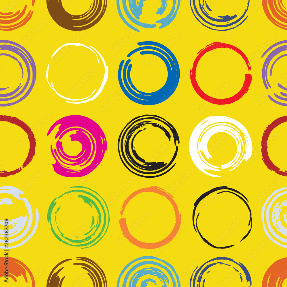 Abstract seamless pattern with circles. Ink illustration. Grunge style elements. Hand drawn colored cirles on yellow-lemon background. Inspired by Pop art style. Stock vector. Repeating backdrop