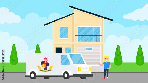 Fast delivery car with cargo shipment and girl with box and clipboard on van flat style design standing near woman behind building. Delivery to home concept. Fast and free.