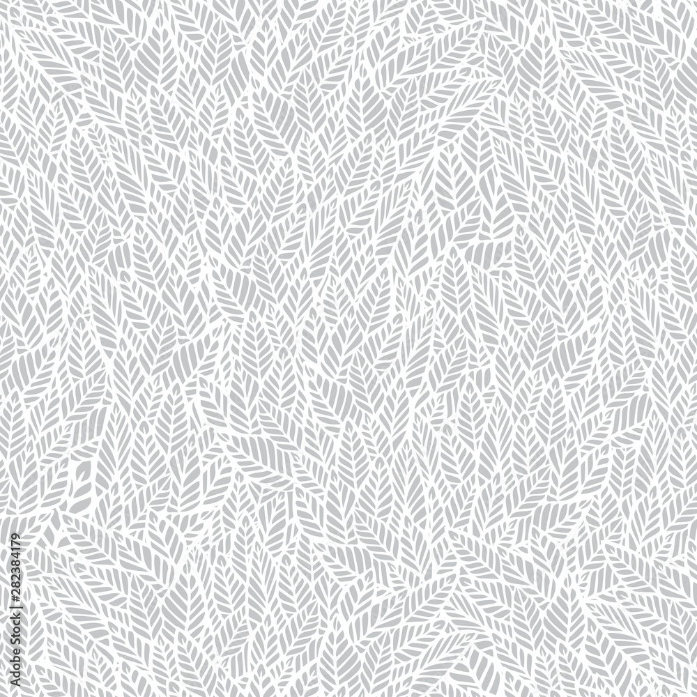 Vector seamless pattern. Gentle neutral natural botanical stylish background with graphic hand drawn leaves. White and light-gray foliage background. Repeating trendy print for print and cloth, - obrazy, fototapety, plakaty 