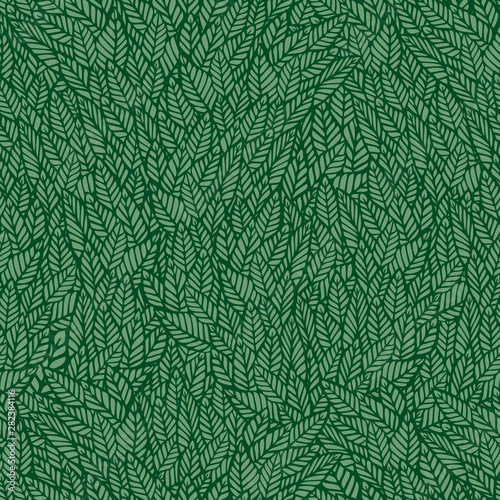 Vector seamless pattern. Gentle natural botanical stylish background with graphic hand drawn leaves. Monochromatic green foliage background. Repeating trendy print for print and cloth, fabrics