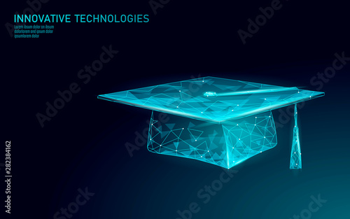 E-learning distance graduate certificate program concept. Low poly 3D render graduation cap. Business training success internet education course degree vector illustration