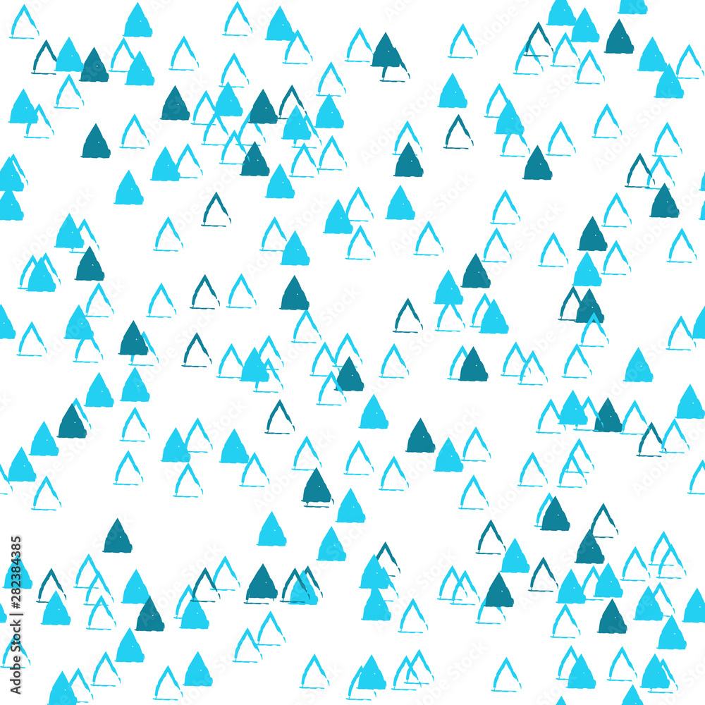 Abstract vector seamless pattern with chaotic triangles. Classical neutral backdrop. Hand drawn randomly scattered blue deltas on white background. Inspired by forest, trees, mountains, dribbles. 