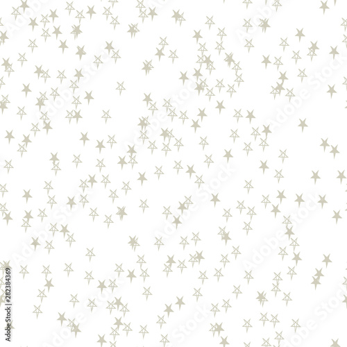 Abstract vector seamless pattern with chaotic stars. Classical neutral backdrop. Hand drawn randomly scattered gray stars on white background. Repeating backdrop 