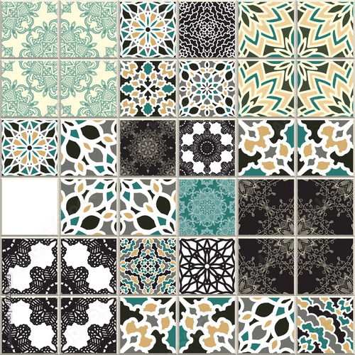 Vector seamless pattern is inspired by traditional wall and floor classical ceramic tiles. Mosaic patchwork design in Mediterranean style. Mexican, Italian, Spanish, Moroccan, 