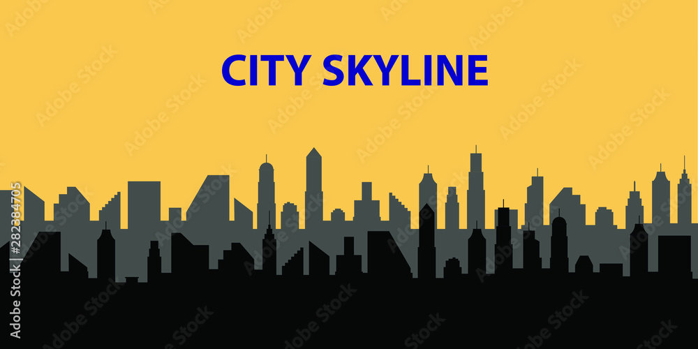 Modern City Skyline. Different buildings, skyscrapers, office center silhouette. Vector flat cartoon panorama. Architecture urban landscape