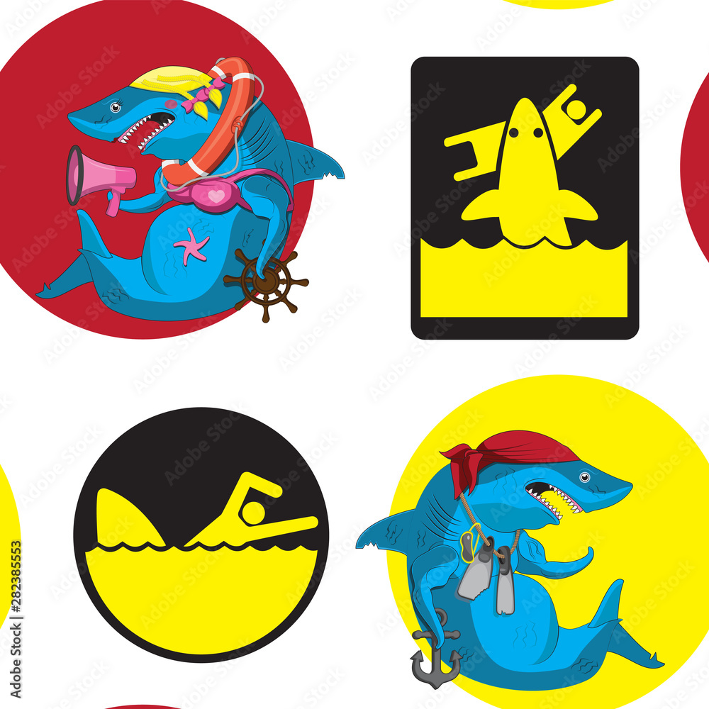 Seamless background with cartoon sharks and warning signs carefully. To print textile paper background. Vector image.