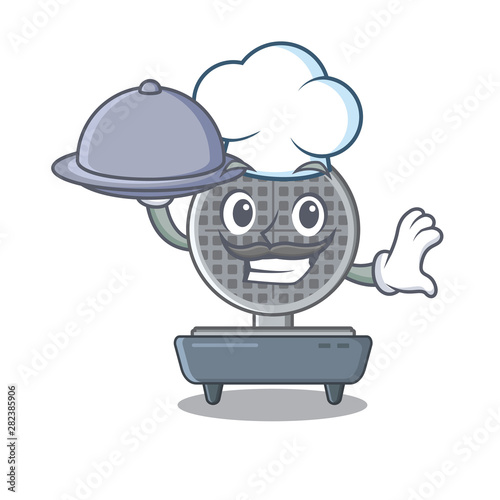 Chef with food waffle iron in cartoon kitchen cabinet