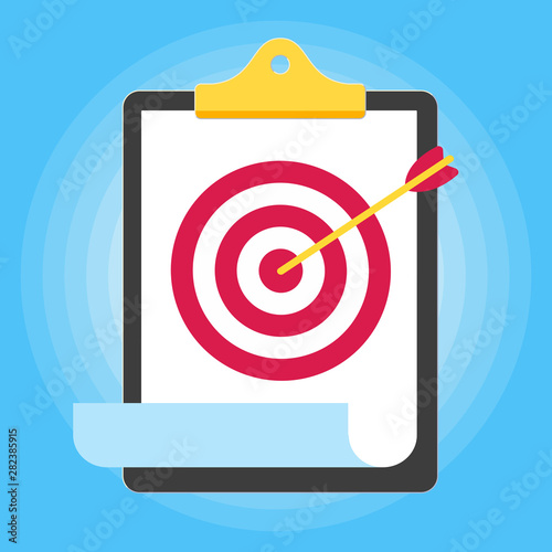 Clipboard and paper sheet with target symbol on it flat style design vector illustration isolated on light blue background. Concept of achievments in business. photo