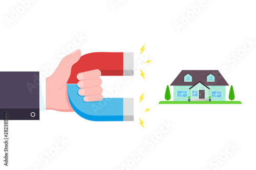 Hand hold red and blue horseshoe magnet icon sign attract house. Real estate concept flat style design vector illustration isolated on white background.