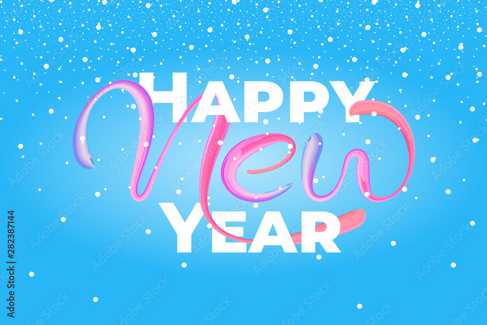Happy New Year acrylic calligraphy on blue background poster with snow. Colorful hand drawn brushstroke oil paint xmas design greeting card template. Vector illustration