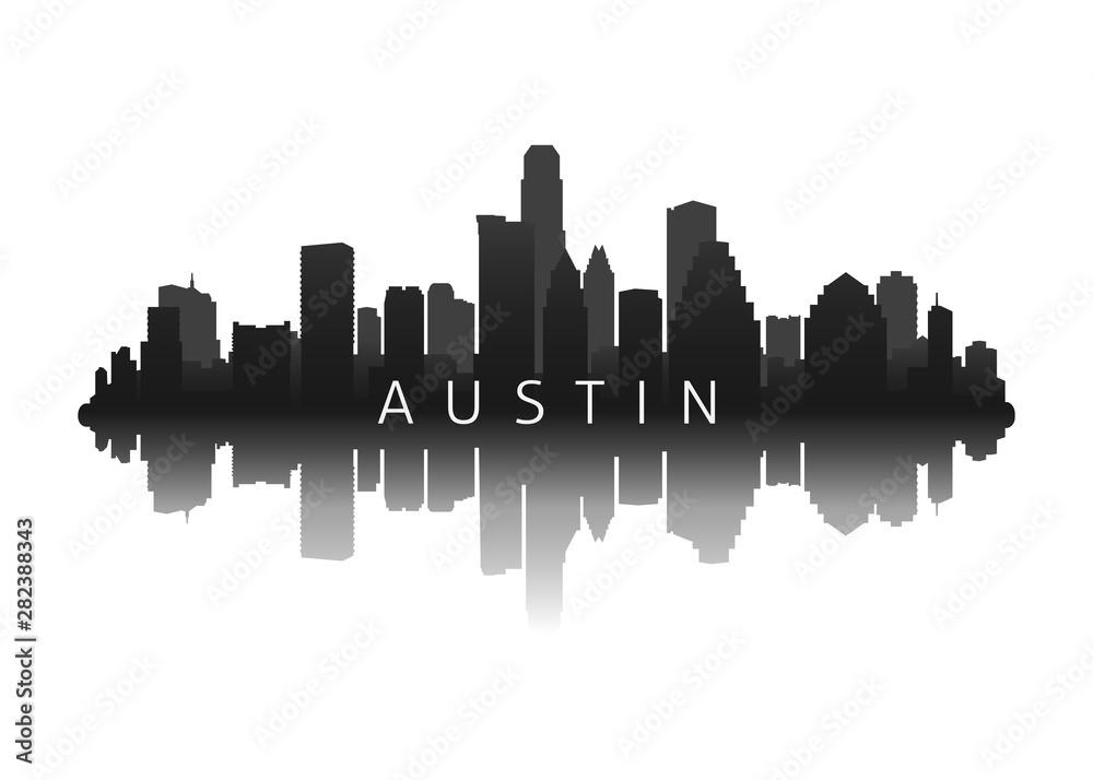 austin city skyline silhouette with reflection