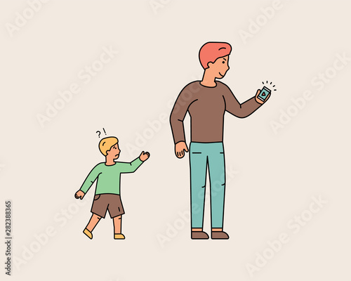 Young man forgot little boy while looking at phone