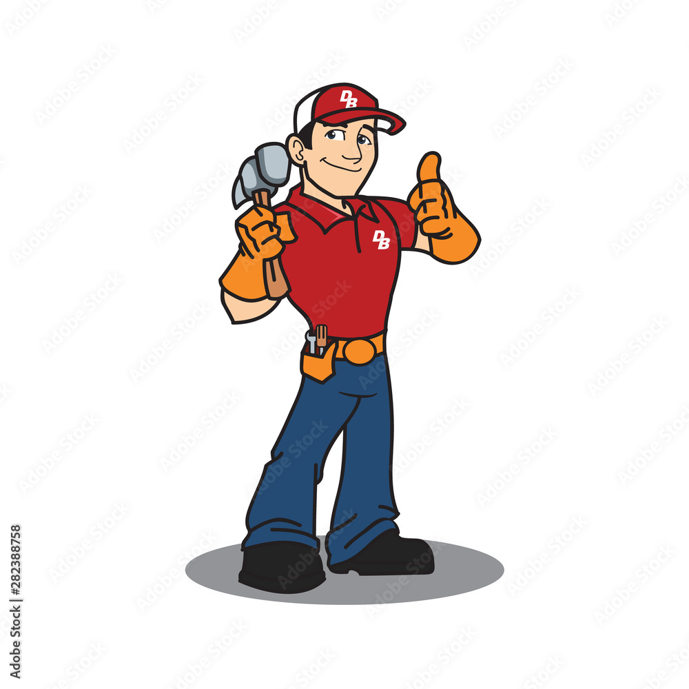 Thumbs up builder man character. Vector logo illustration