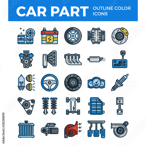 Vehicle and car parts outline color icons. Pixel perfect alignment icons. Vector illustration