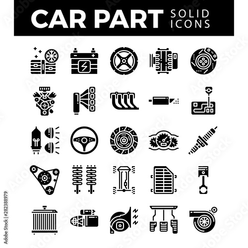 Vehicle and car parts solid icons. Pixel perfect alignment icons. Vector illustration