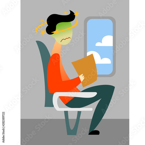 A vector image of a man on a ship with motion sickness and dizziness. A color image for a travel poster, flyer or article.