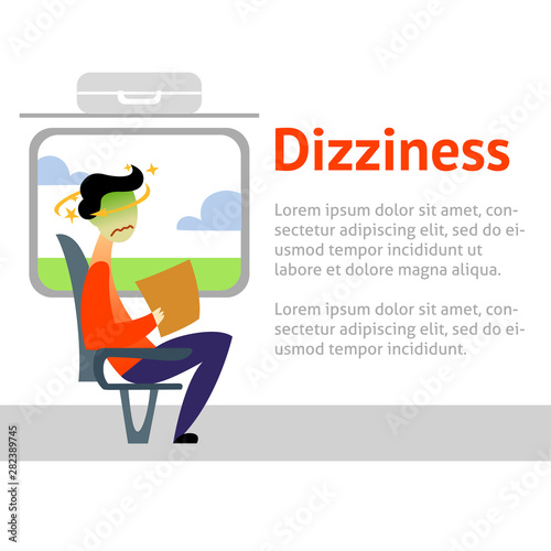 A vector image of a man in the transport with motion sickness and dizziness. A color image for a travel poster, flyer or article.
