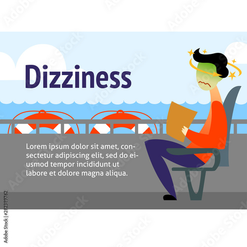 A vector image of a man on a ship with motion sickness and dizziness. A color image for a travel poster, flyer or article.