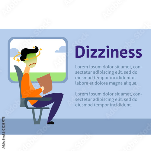 A vector image of a man in the transport with motion sickness and dizziness. A color image for a travel poster, flyer or article.