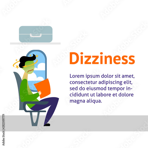 A vector image of a man in the transport with motion sickness and dizziness. A color image for a travel poster, flyer or article.