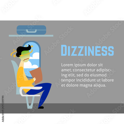 A vector image of a man in the transport with motion sickness and dizziness. A color image for a travel poster, flyer or article.