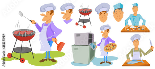 Characters set of professional chefs. Makes Beef steak. Chefs standing in different poses in white hat. Cooking at work. Сhef cooking gourmet meal. Cartoon cook - chef in uniform