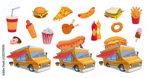 Fast food colorful set. Hotdog and Hamburger. Street food. Popcorn and hot dog. Cartoon fast food for design. Meal festival. Food truck. Vector graphics to design