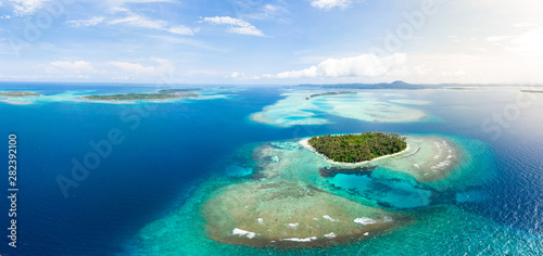 Aerial view Banyak Islands Sumatra tropical archipelago Indonesia, coral reef beach turquoise water. Travel destination, diving snorkeling, uncontaminated environment ecosystem