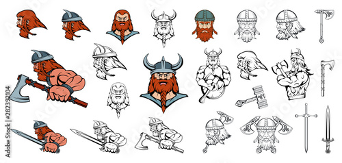Set of Scandinavian Vikings in different poses. Scandinavian Warriors with a traditional Weapon. Team Mascot. Scandinavian Vikings with an Ax, Knife, and Sword in his hand. Vector Graphic to Design