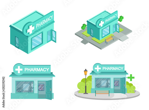 Set of Vector isometric Drugstores from different angles. Facade of Pharmacy Store isolated on white background. Drugstore House. Cartoon Pharmacy Store Building. Drugstore front. Vector graphics