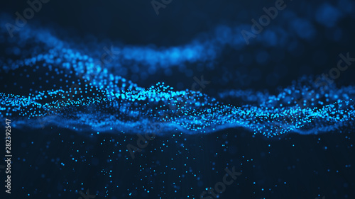 Abstract background of shining particles, digital wave, sparkling blue particles. Beautiful blue floating particles with shine light. 3D Rendering © YustynaOlha