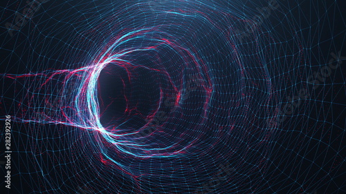 Abstract digital wormhole, tunnel consisting blue and red sparkling particle and lines. Way through the digital network beautiful blue and red particles. Journey through space and time. 3D Rendering