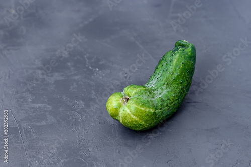 Trendy ugly organic cucumder on a gray dark background  horizontal orientation