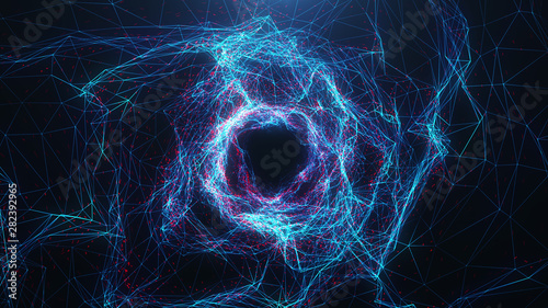 Abstract digital wormhole, tunnel consisting blue and red sparkling particle and lines. Way through the digital network beautiful blue and red particles. Journey through space and time. 3D Rendering