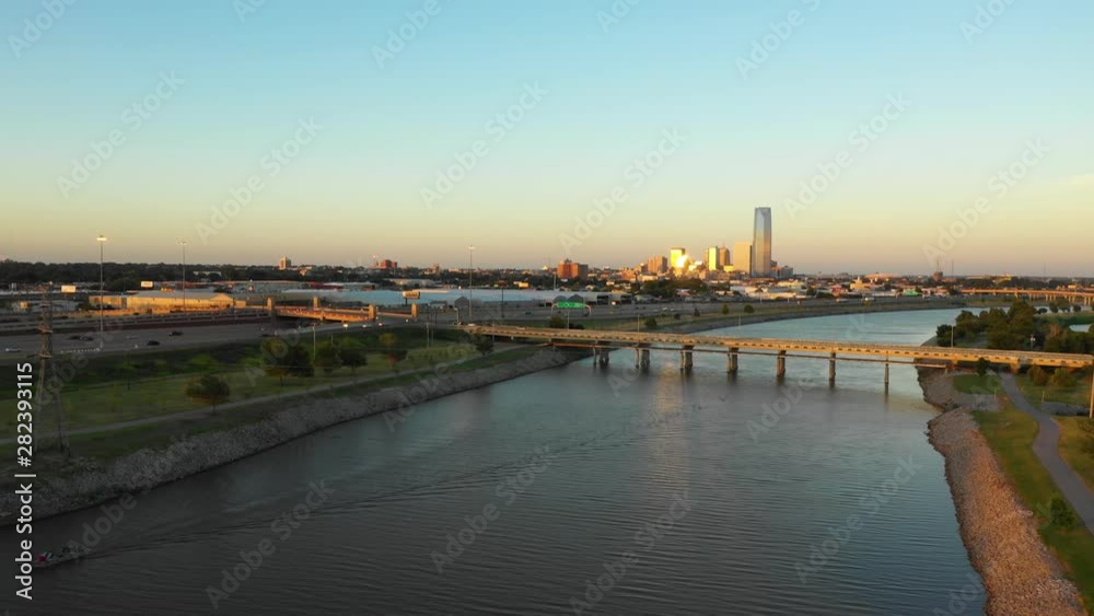 Oklahoma City Skyline 4K Aerial with Bridge and Sunset Oklahoma City Skyline 4K Aerial with Bridge and Sunset