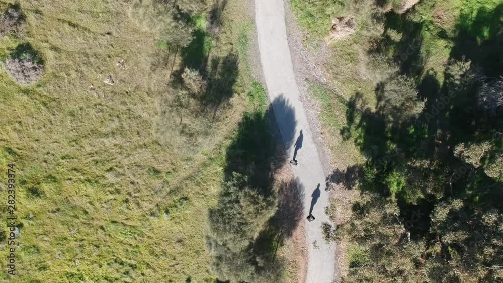 Two people walking on a track with trees and a green grassland Two people walking on a track with trees and a green grassland