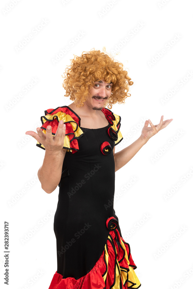 Funny man with female flamenco costume and wig isolated on a white  background Stock Photo