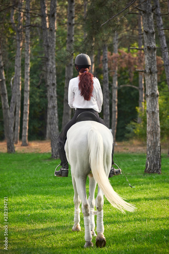 Girl in equestrian outfit riding a horse near trees © frimufilms