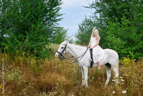 Girl in white dress riding a horse in the field