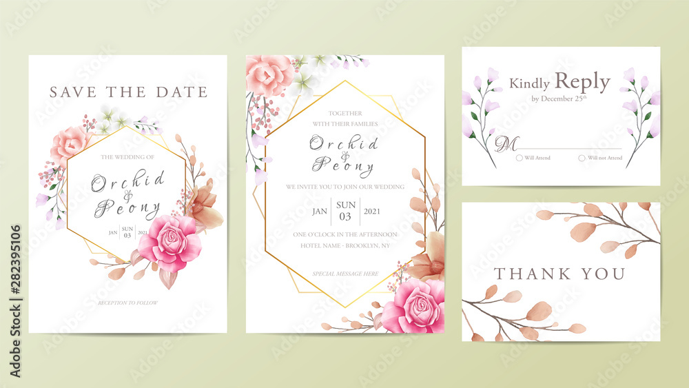 Elegant botanical wedding invitation card template set