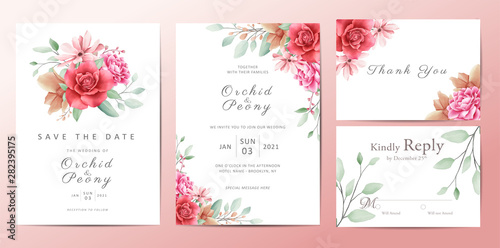 Fototapeta Naklejka Na Ścianę i Meble -  Beautiful wedding invitation template cards set with flowers bouquet