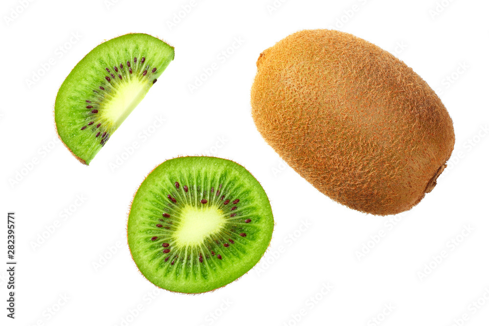 Fototapeta premium kiwi fruit with slices isolated on a white background. top view