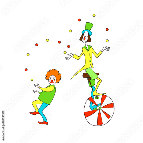 Funny clowns juggling. Color cartoon vector drawing image.