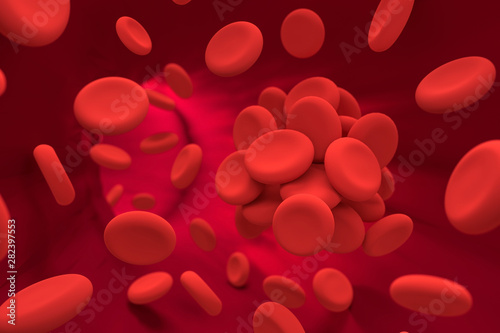 Erythrocytes stuck together under the influence of alcohol, the blood reaction to alcohol, 3d rendering