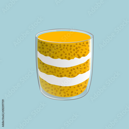 Chia seed pudding. Healthy vegan snack in glass. Vector illstration isolated on blue background.