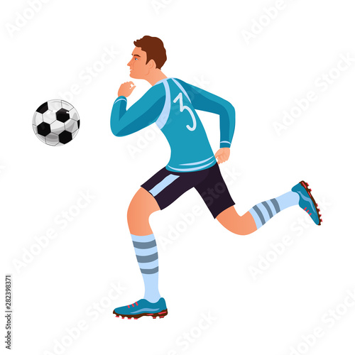 Soccer or football player in blue uniform running with ball