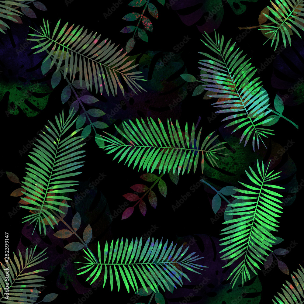 Hand drawn watercolor seamless pattern with different tropical leaves. For background, wallpaper, fabric, gift paper design, postal packaging