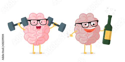 Funny cartoon brain character pair healthy vs unhealthy. Comparison human anatomy internal organ mascot happy clever with dumbells and drunk with alcohol bottle and cigarette. Vector illustration