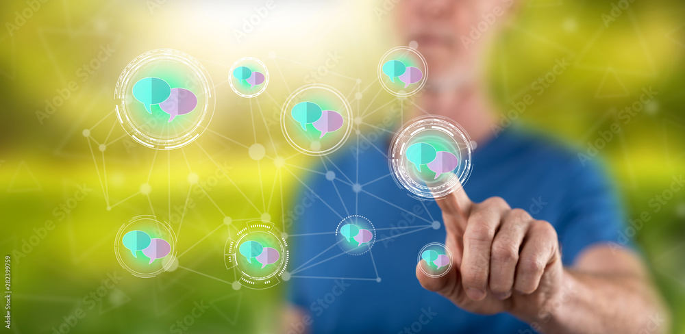 Man touching a communication network concept Man touching a communication network concept
