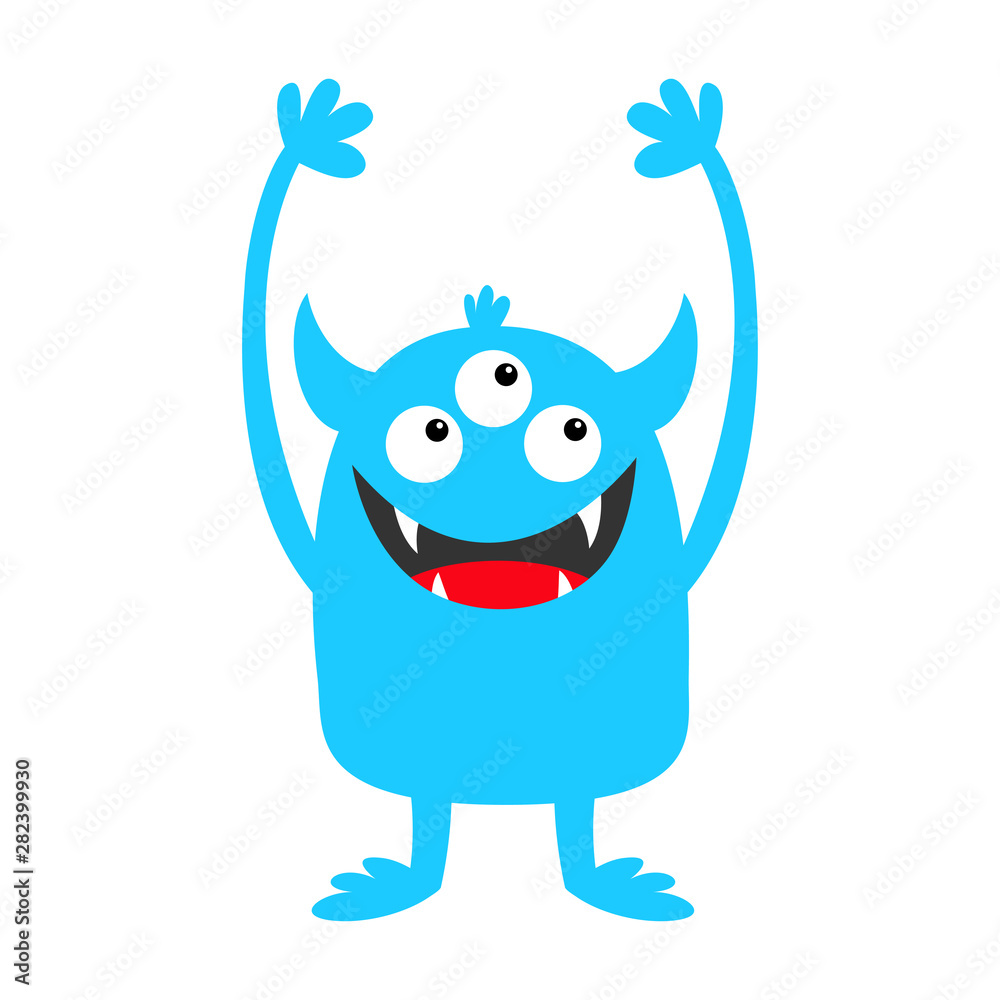 Fototapeta premium Monster blue silhouette icon. Three eyes, teeth fang, horns, boo hands up. Cute kawaii cartoon funny character. Happy Halloween. Baby kids collection. White background. Isolated. Flat design.